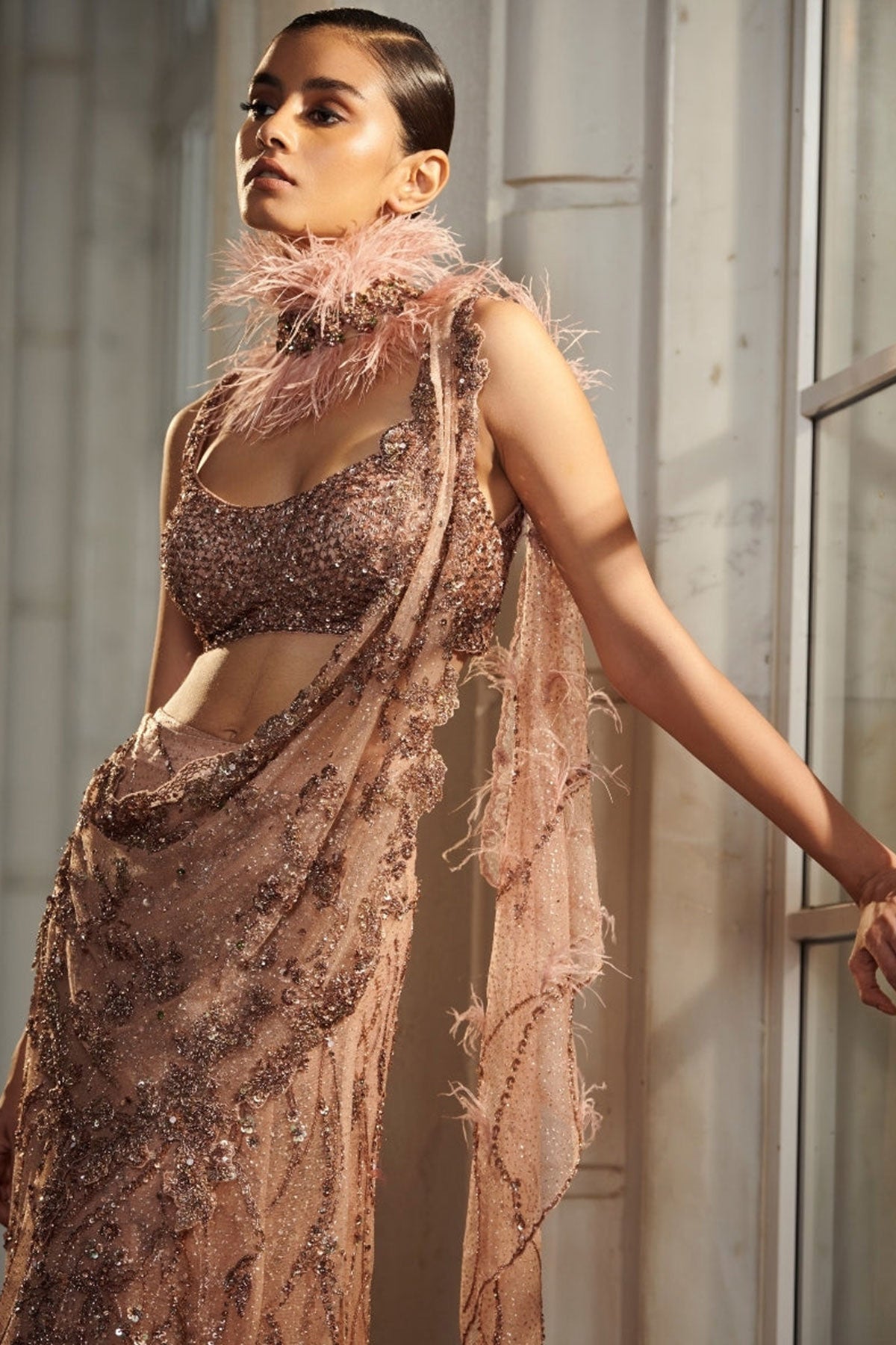 "Pearlette" Salmon Pink Bridal Shimmer Tulle Drape Sari