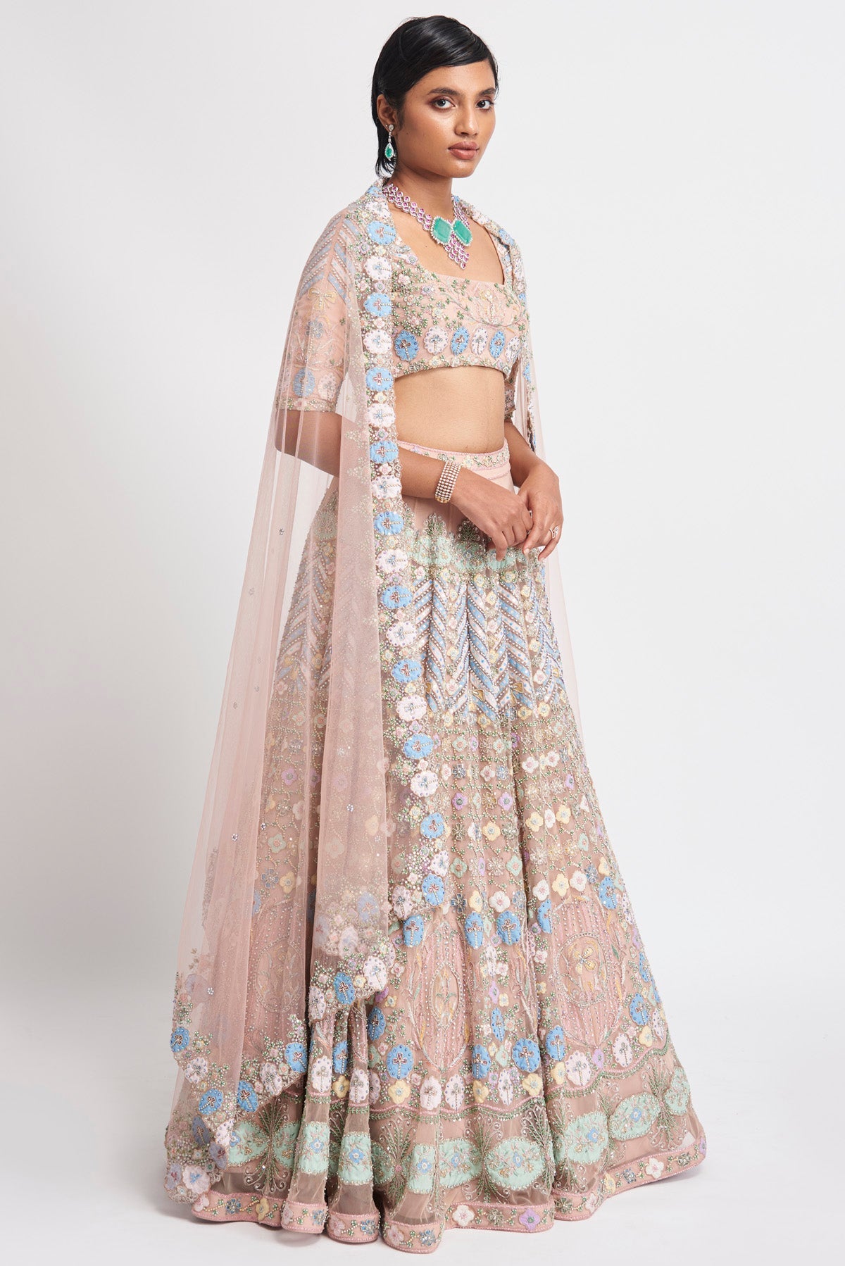 Layla - Apricot Tulle Net Lehenga Set (12 Panel)