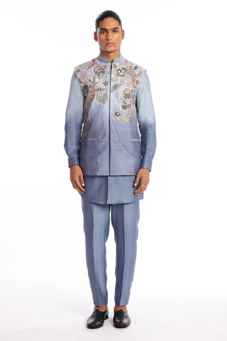 Cyan Blue Nadenka Raw Silk Appliquéd And Embellished Lehenga With Blouse And Cutwork Tulle Dupatta