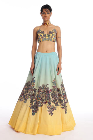 Yellow Paper Dolls Raw Silk Appliquéd And Embellished Lehenga With Blouse And Cutwork Dupatta