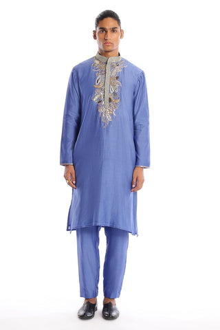 Cyan Blue Nadenka Raw Silk Appliquéd And Embellished Lehenga With Blouse And Cutwork Tulle Dupatta