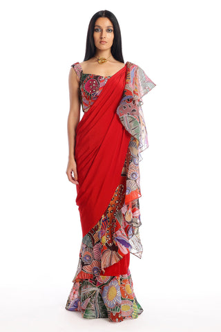 Fiery Red Pastiche Organza Printed And Embellished Sharara Set with Cutwork Dupatta