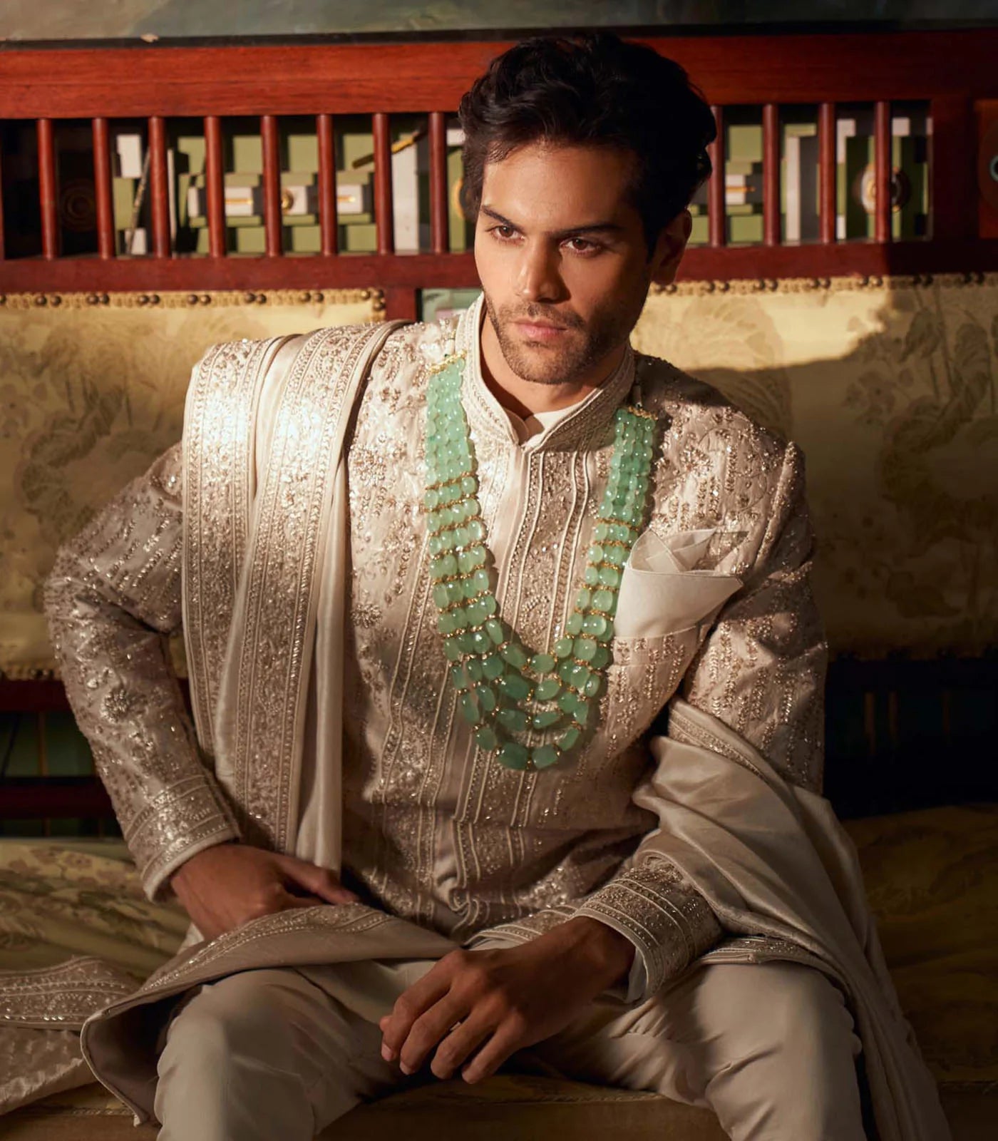 IVORY RAW SILK SHERWANI SET