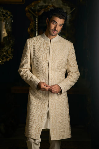 PS MEN KABIR BLACK COLOUR EMBROIDERED SHERWANI WITH OFF WHITE COLOUR PANTS