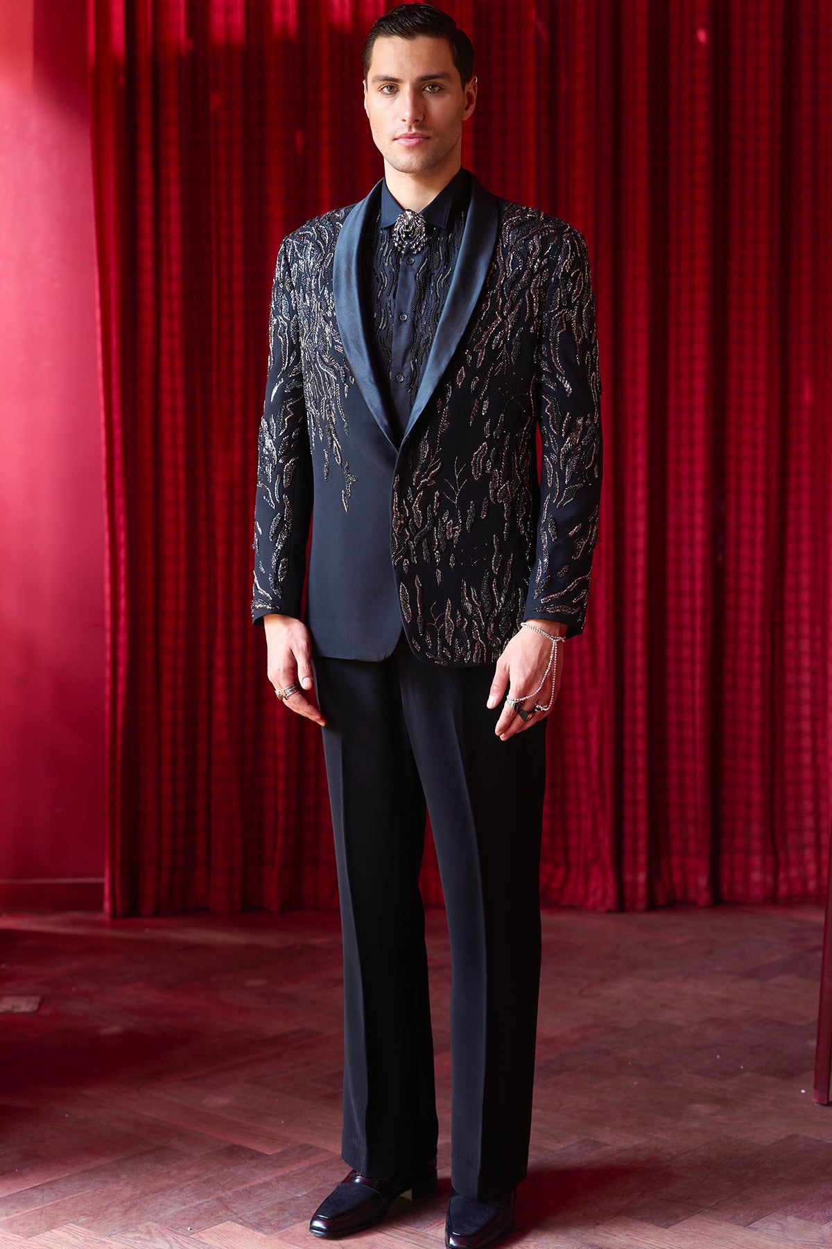 Starlit Cascade Embroidered Tuxedo Set