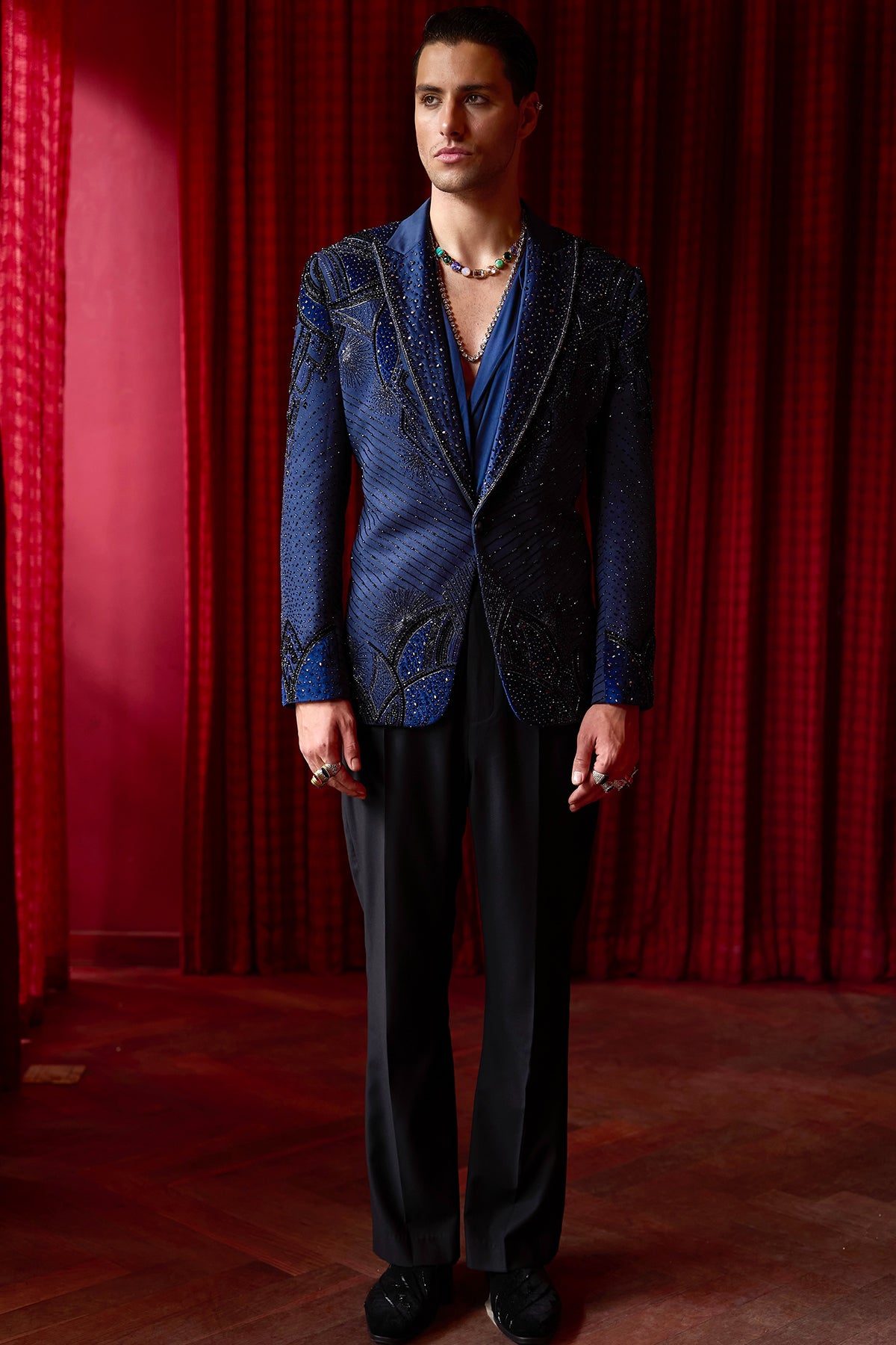 Midnight Sapphire Embroidered Tuxedo Set