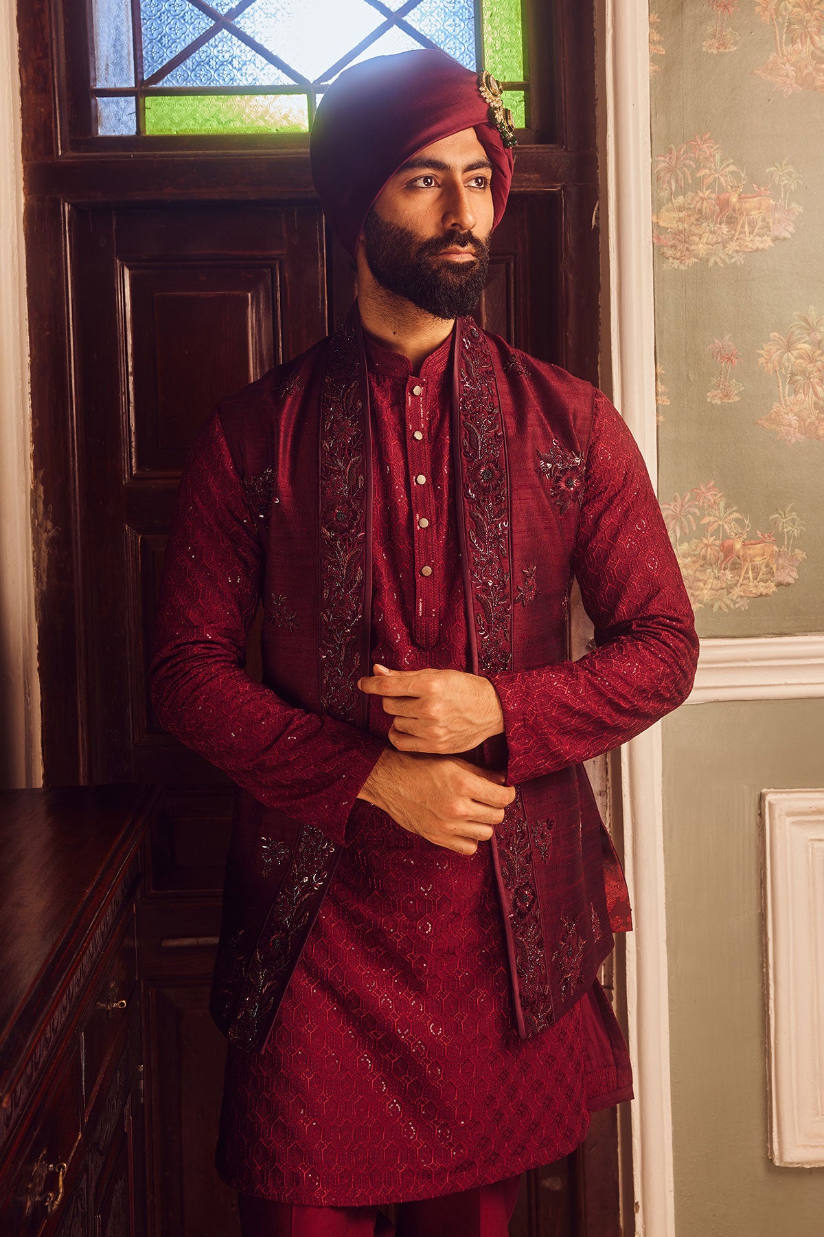 Ruby Chanderi Embroidered Open Kurta Bundi Set