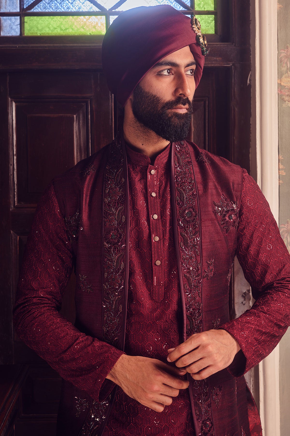 Ruby Chanderi Embroidered Open Kurta Bundi Set