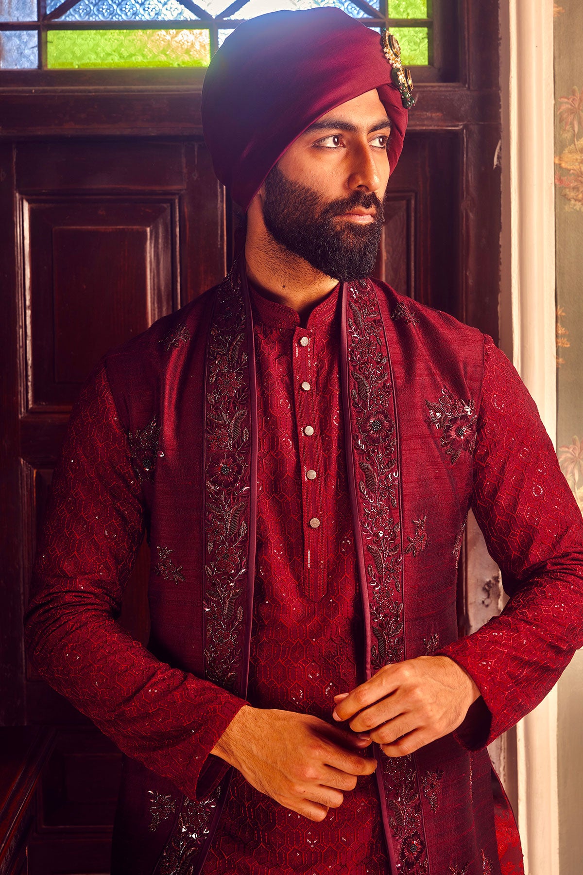 Ruby Chanderi Embroidered Open Kurta Bundi Set