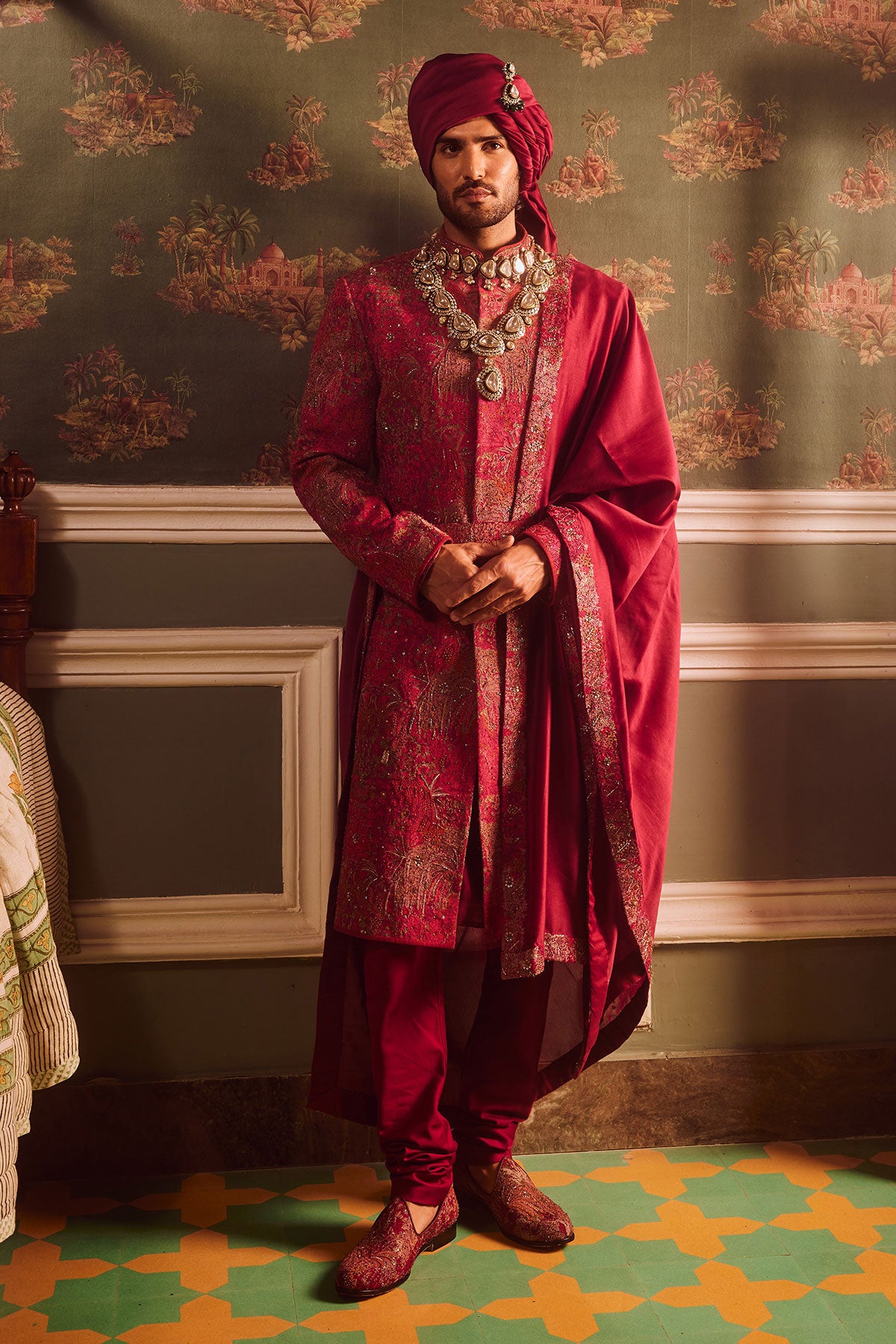 Wine Pitta Moti Silk Embroidered Sherwani