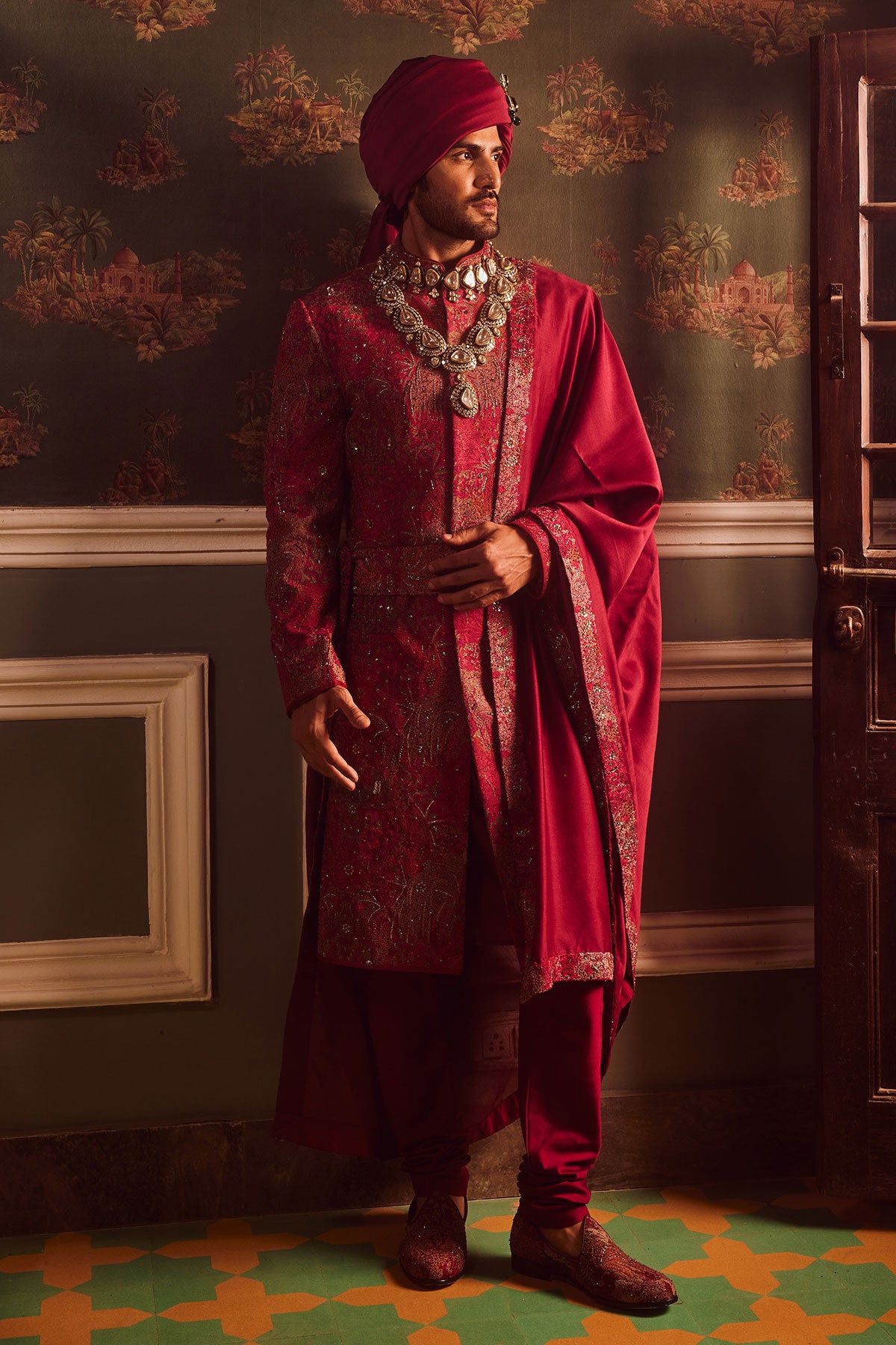 Wine Pitta Moti Silk Embroidered Sherwani