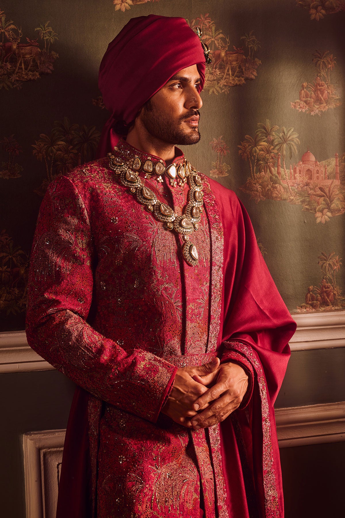 Wine Pitta Moti Silk Embroidered Sherwani
