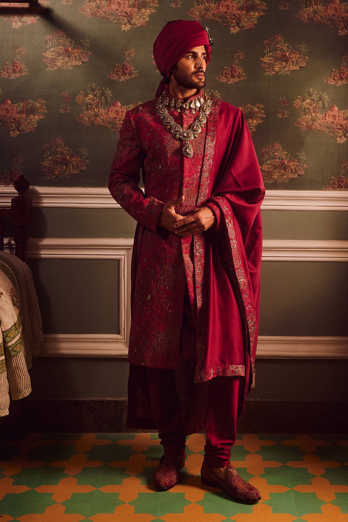 Wine Pitta Moti Silk Embroidered Sherwani