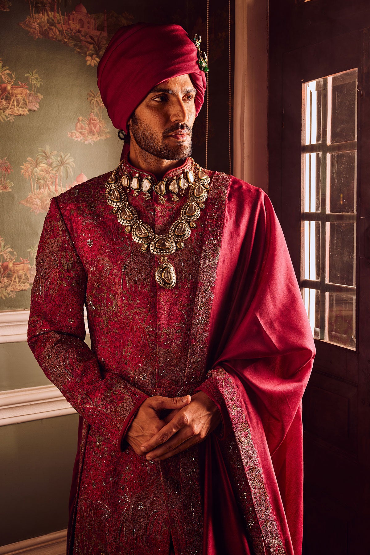 Wine Pitta Moti Silk Embroidered Sherwani
