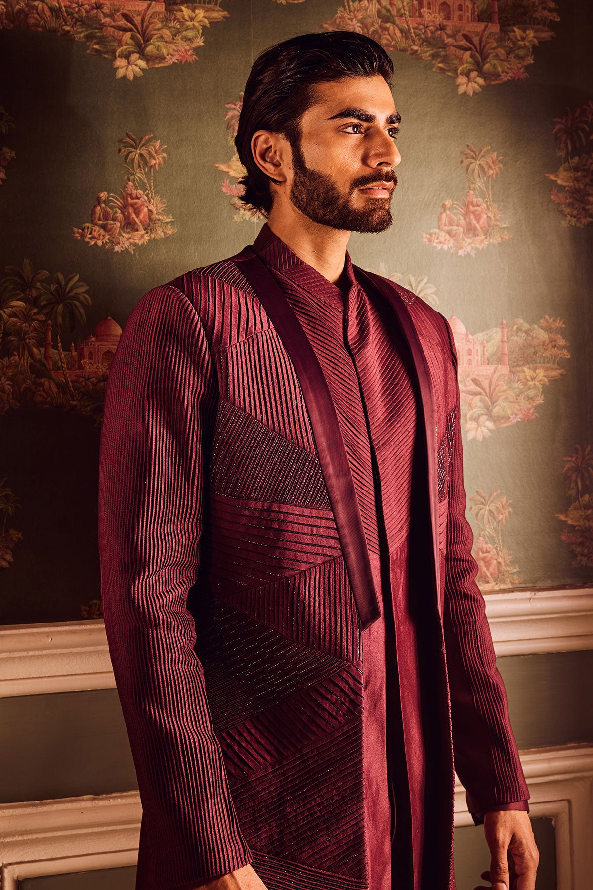 Maroon Chanderi Pintuck Cutdana Open Indowestern