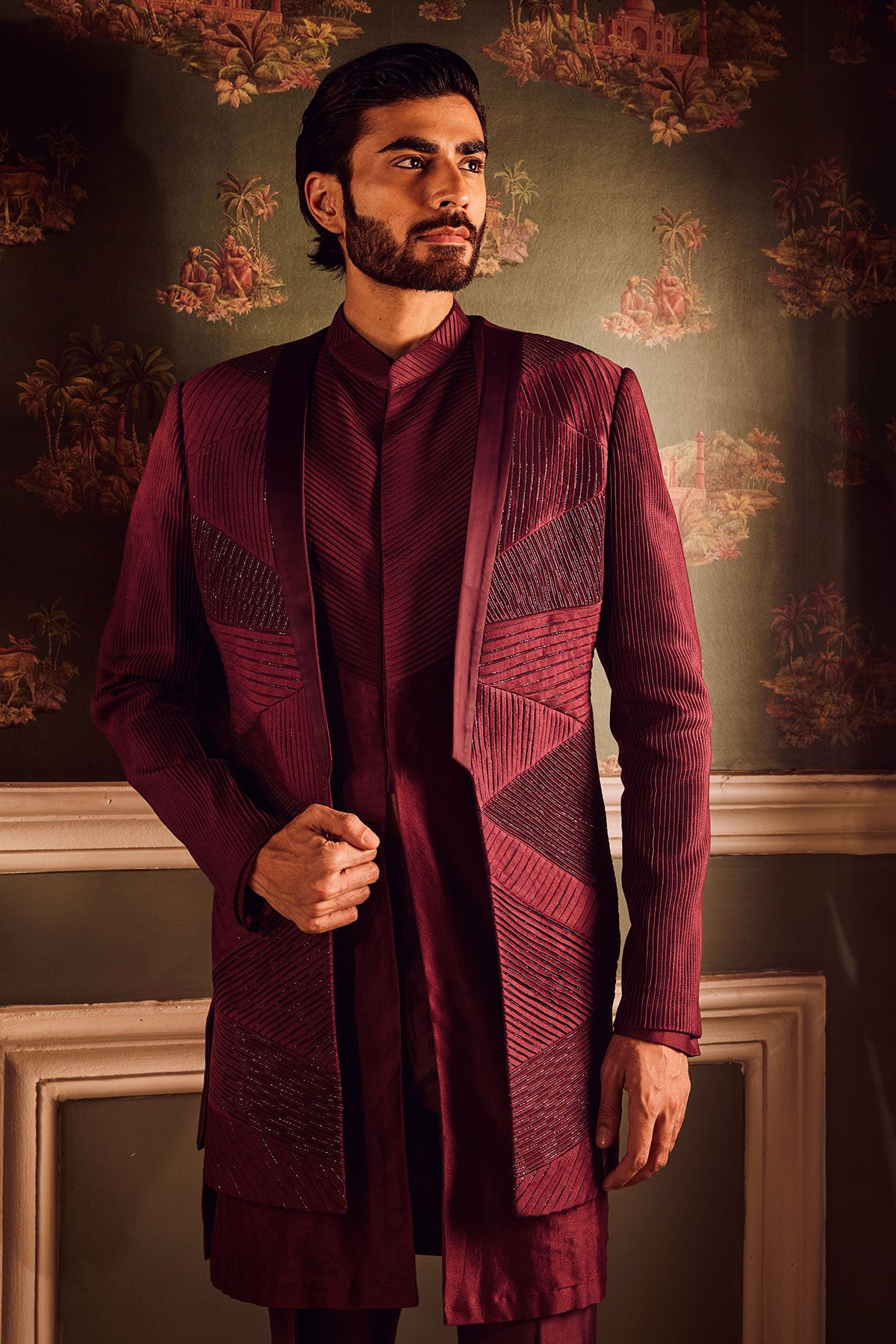 Maroon Chanderi Pintuck Cutdana Open Indowestern