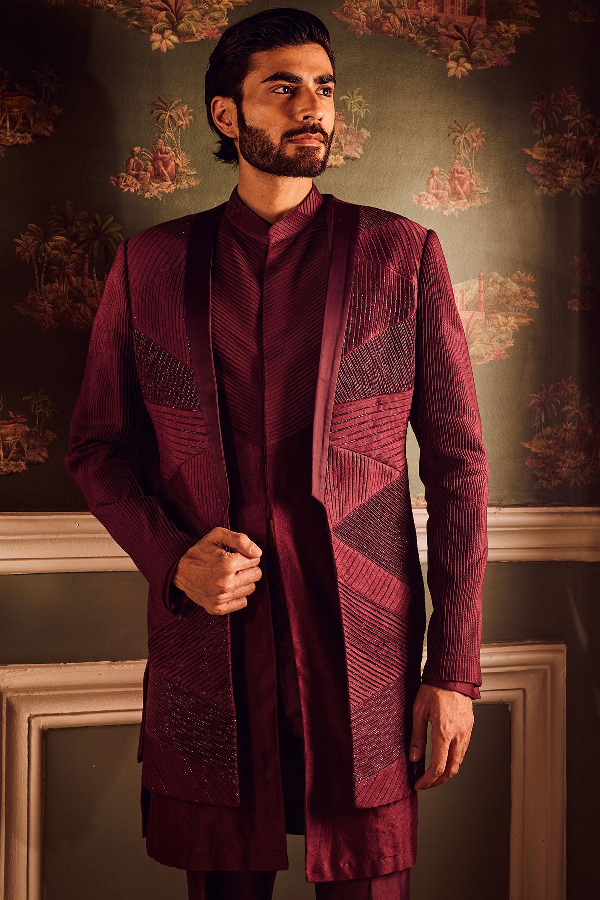Maroon Chanderi Pintuck Cutdana Open Indowestern