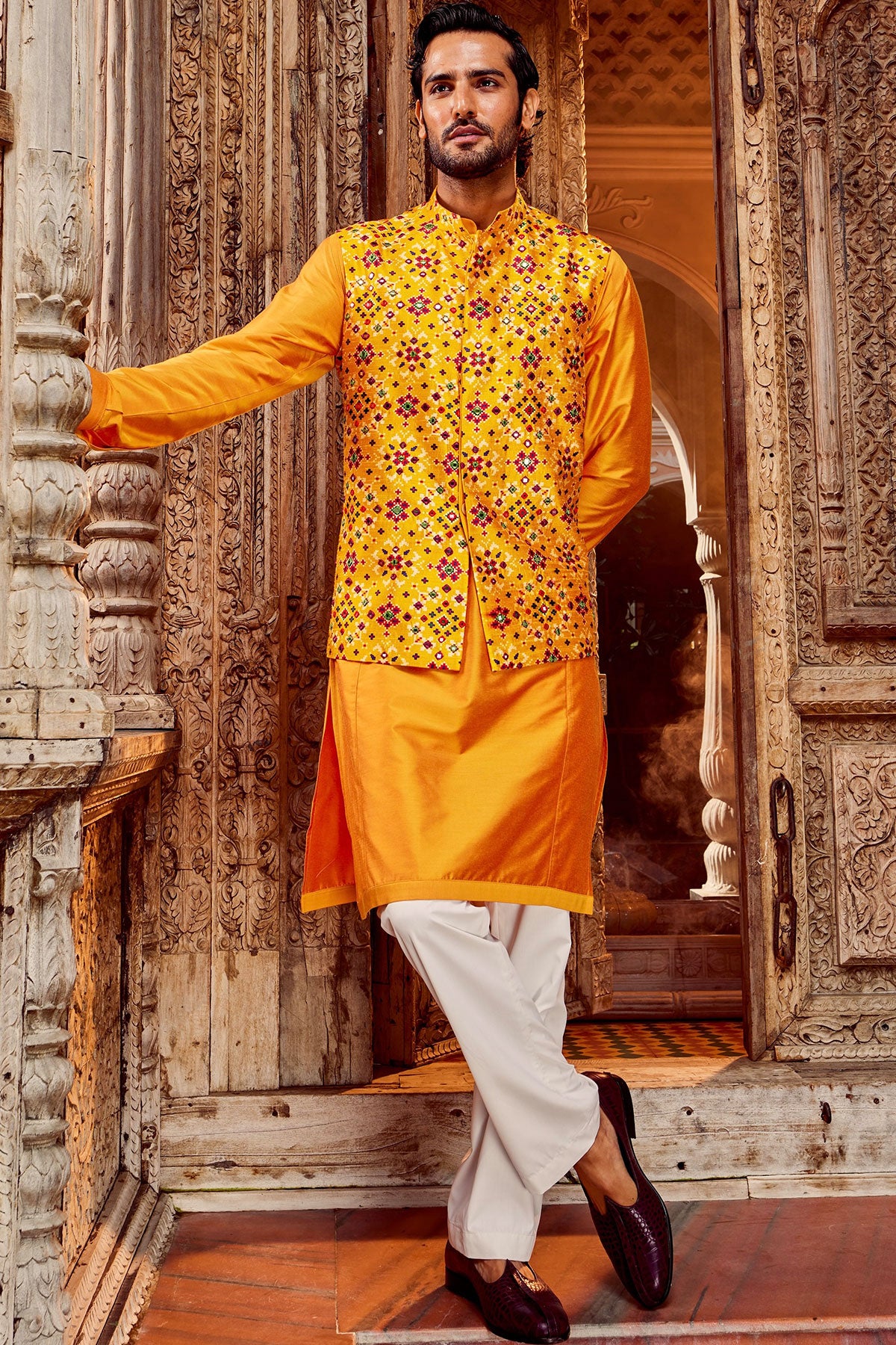 Haldi Raw Silk Mirror Embellished Bundi Set