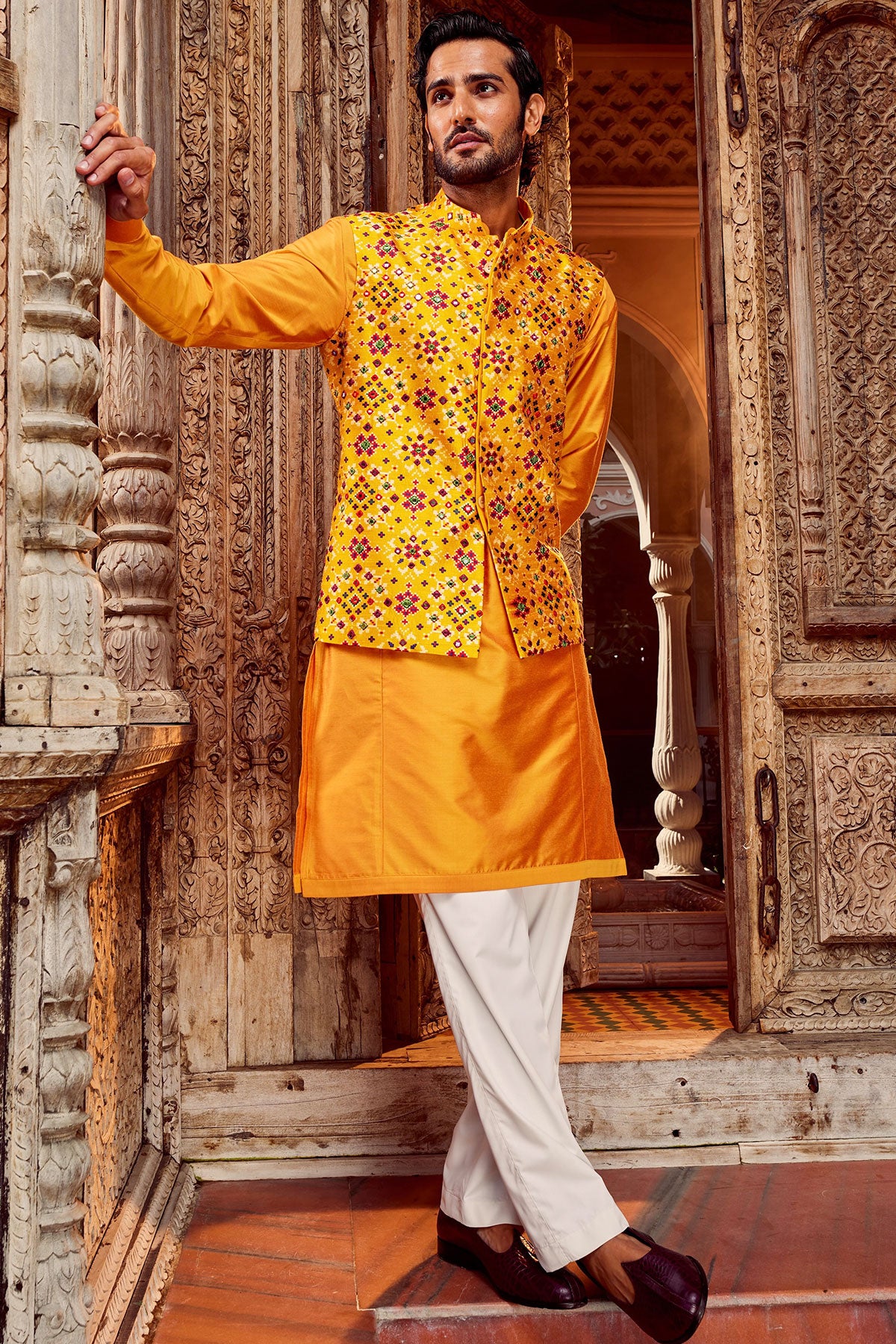 Haldi Raw Silk Mirror Embellished Bundi Set