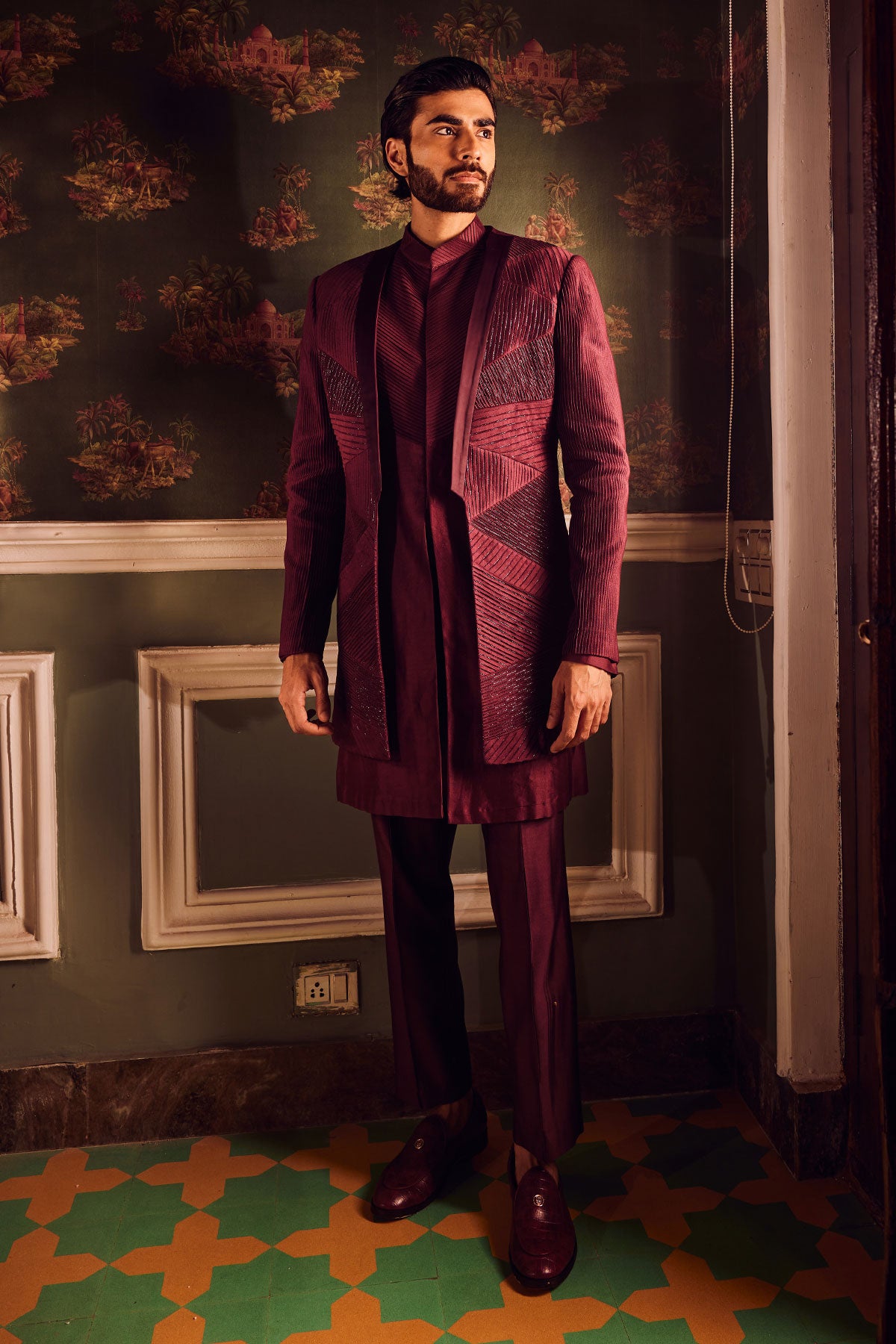 Maroon Chanderi Pintuck Cutdana Open Indowestern