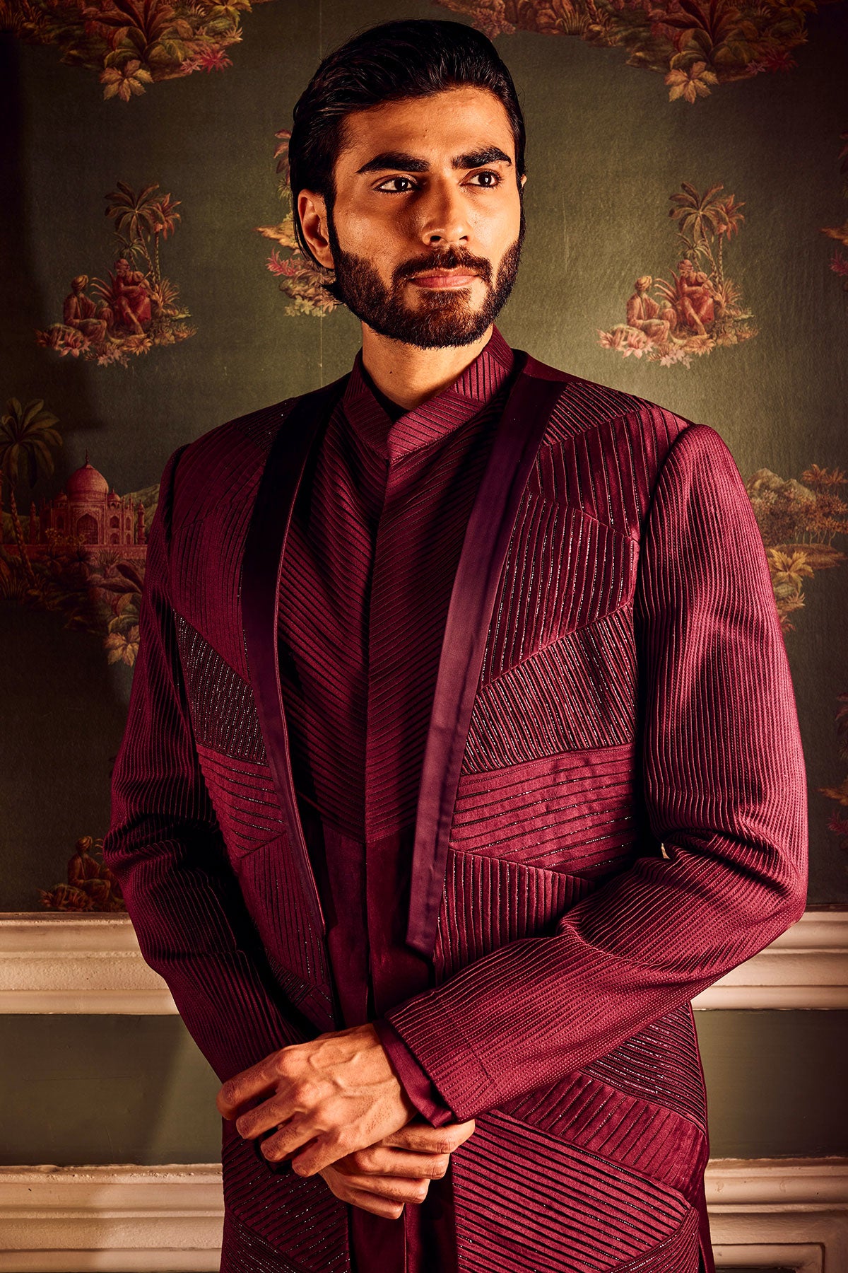 Maroon Chanderi Pintuck Cutdana Open Indowestern