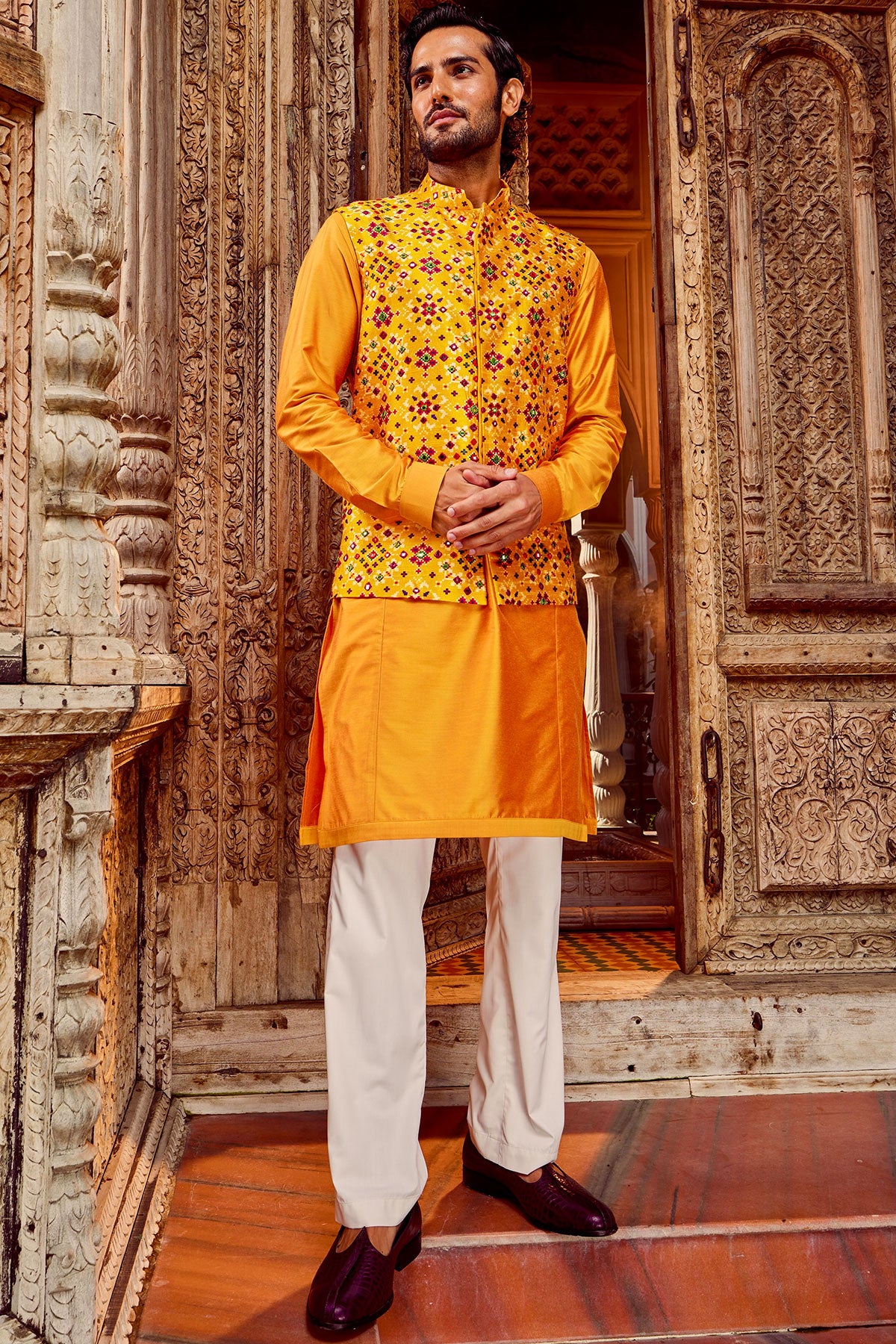 Haldi Raw Silk Mirror Embellished Bundi Set