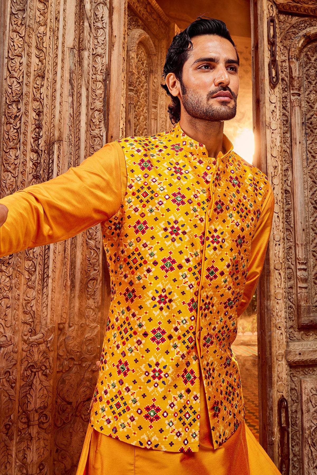 Haldi Raw Silk Mirror Embellished Bundi Set