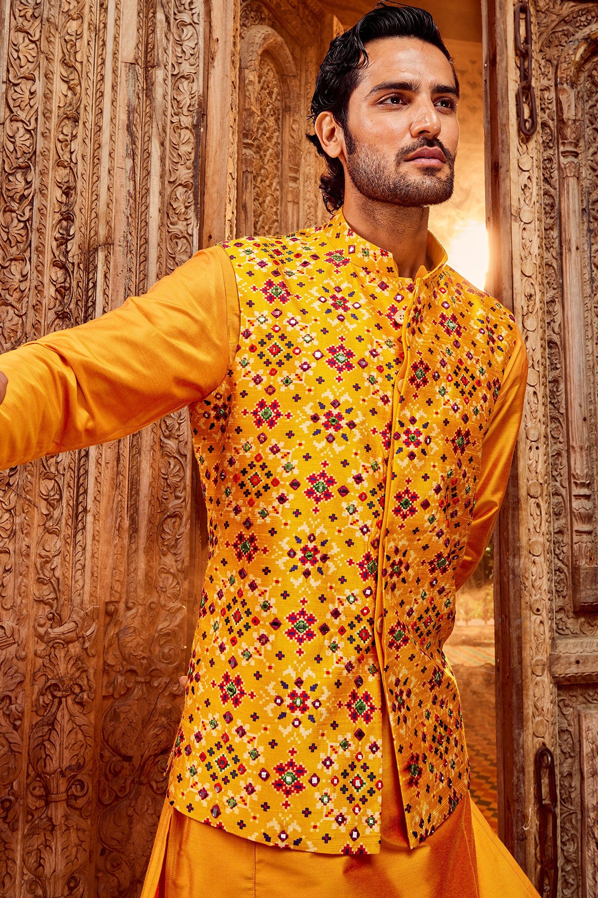 Haldi Raw Silk Mirror Embellished Bundi Set