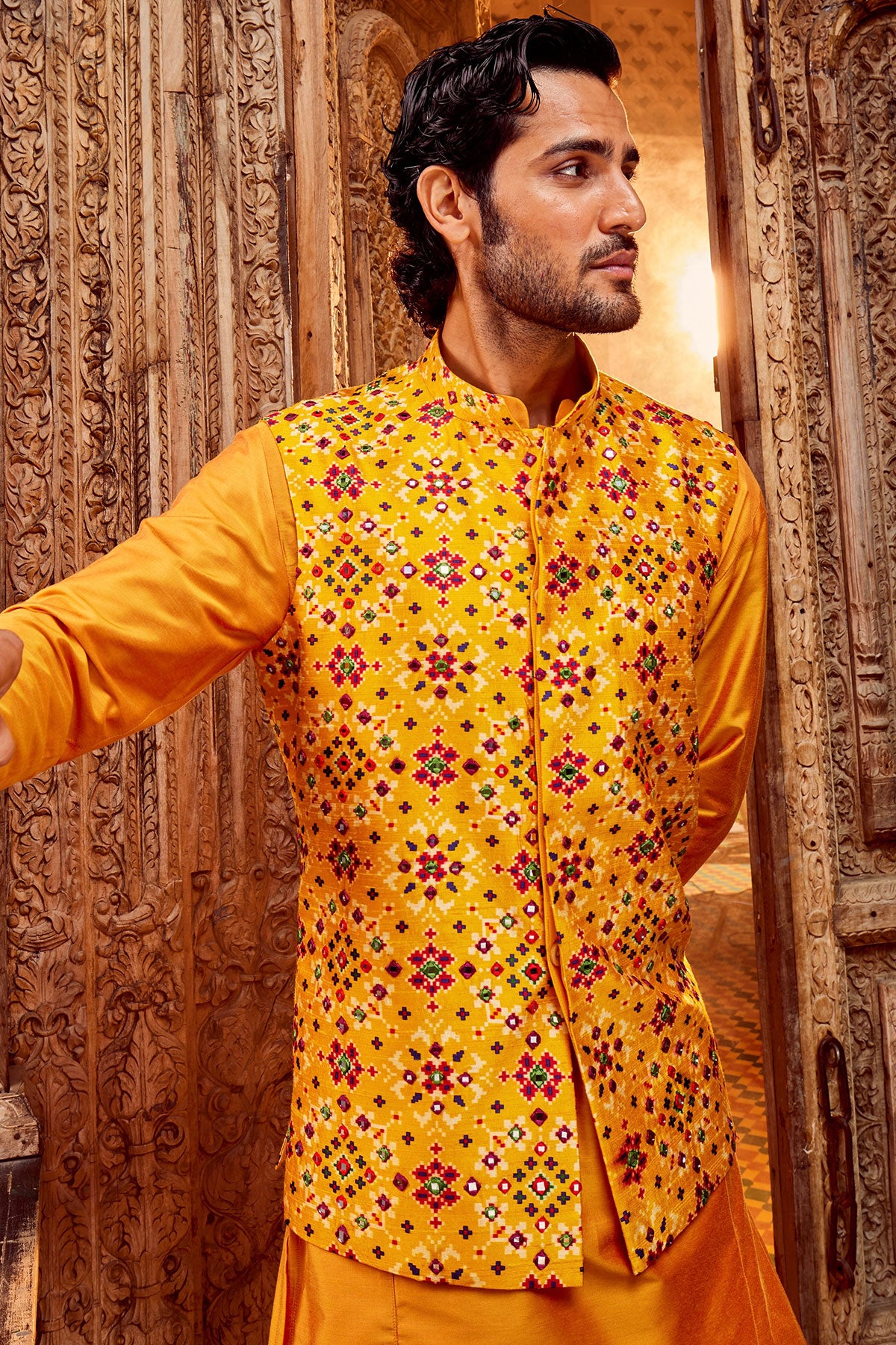 Haldi Raw Silk Mirror Embellished Bundi Set