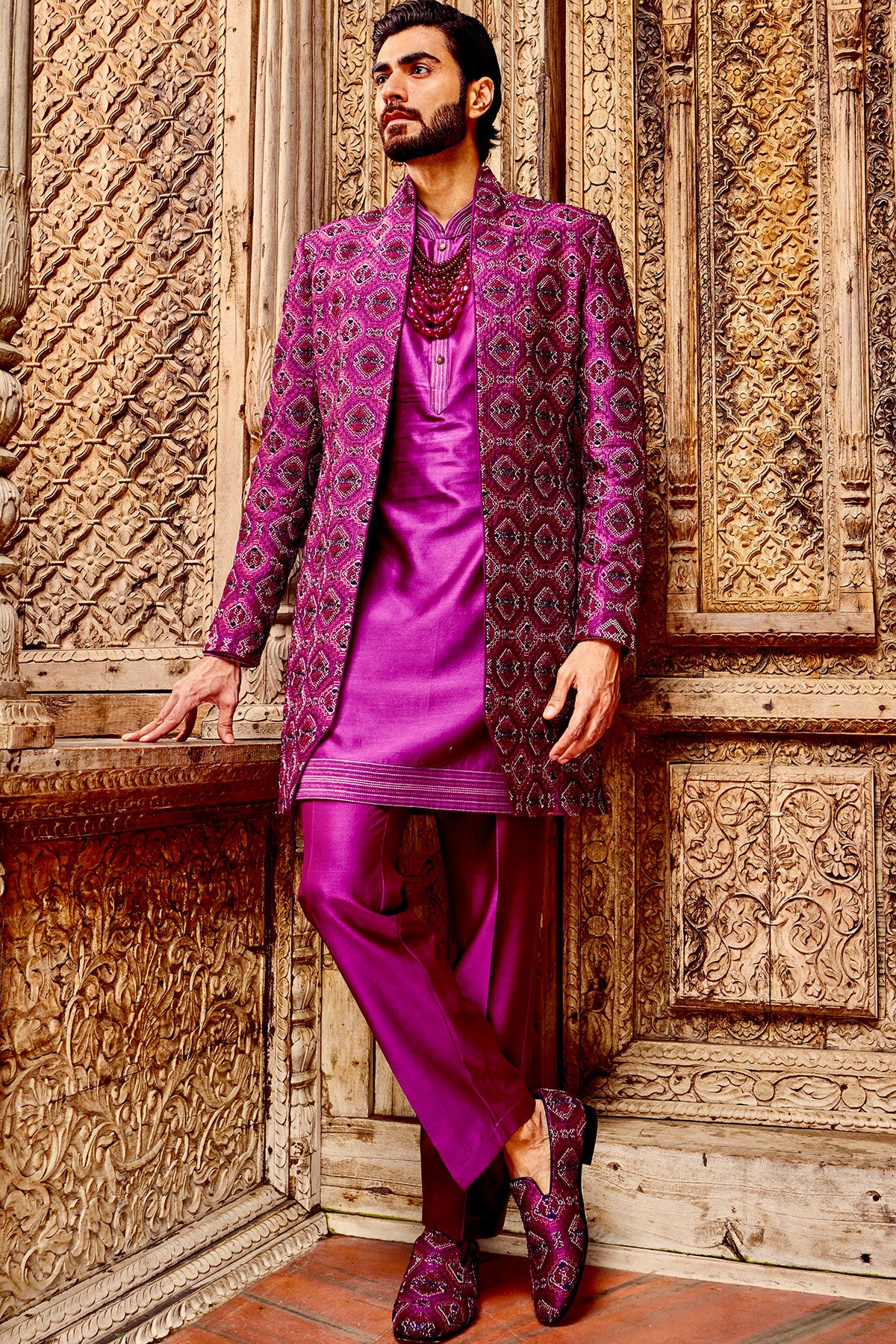 Purple Chanderi Silk Embroidered Open Indo-Western