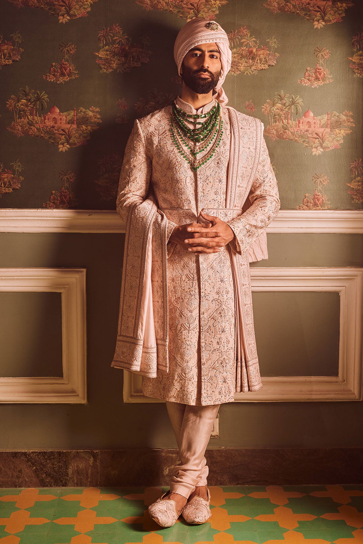 Light Pink Palm Silk Hand-Embroidered Sherwani