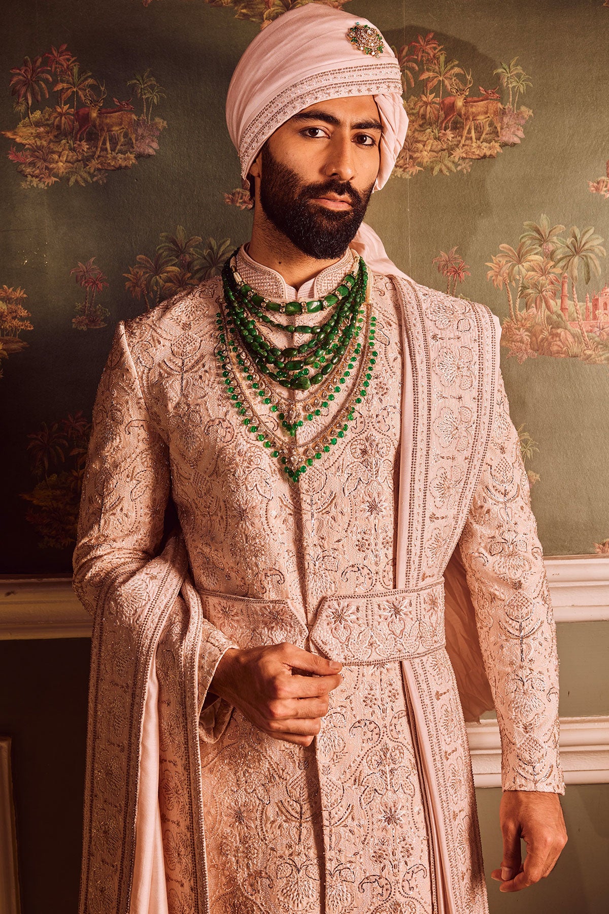 Light Pink Palm Silk Hand-Embroidered Sherwani