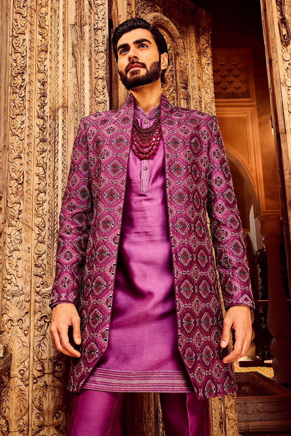 Purple Chanderi Silk Embroidered Open Indo-Western