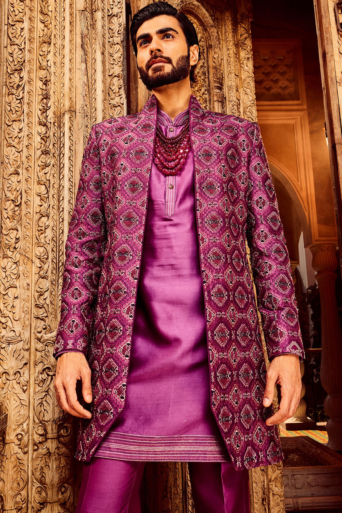 Purple Chanderi Silk Embroidered Open Indo-Western