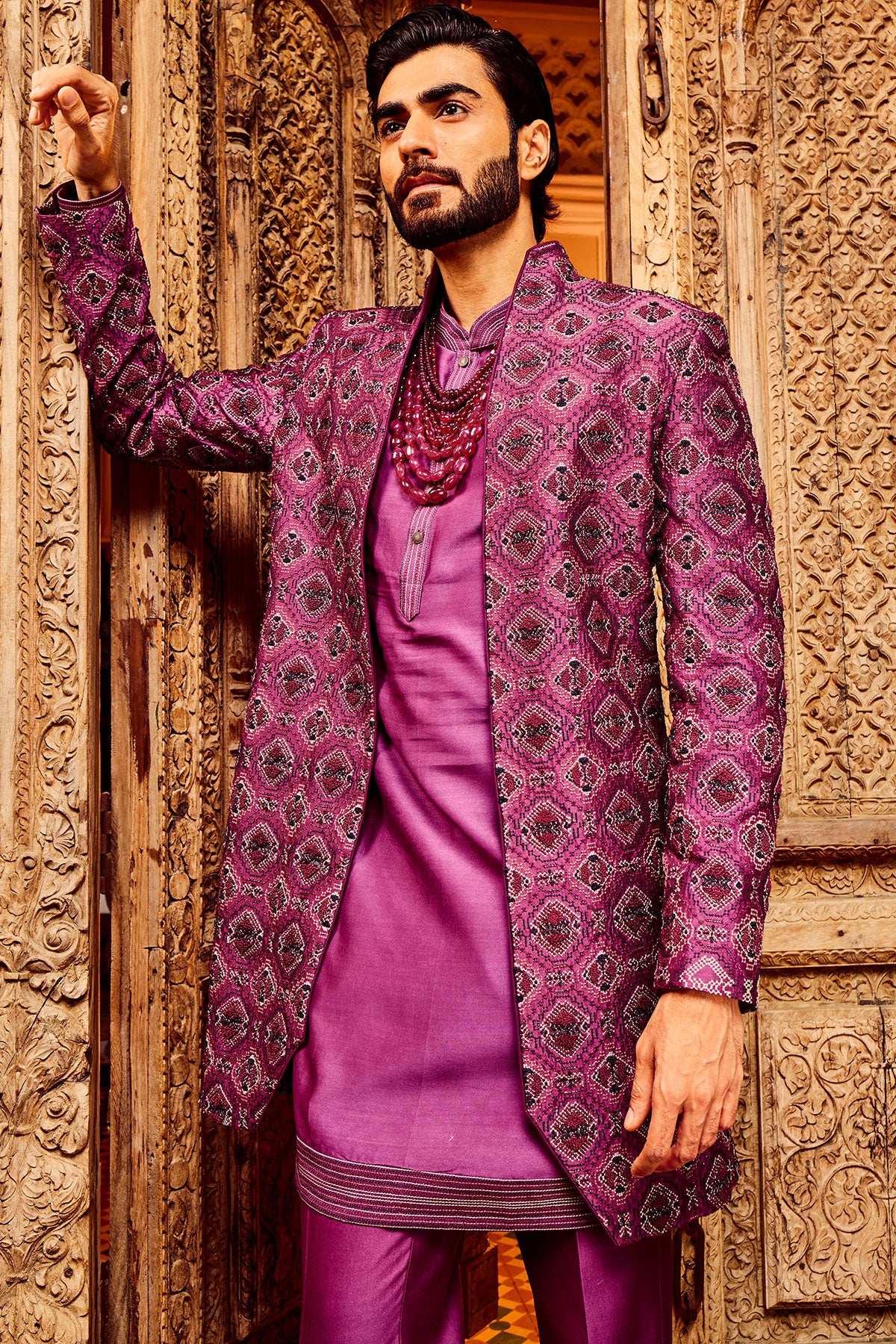 Purple Chanderi Silk Embroidered Open Indo-Western