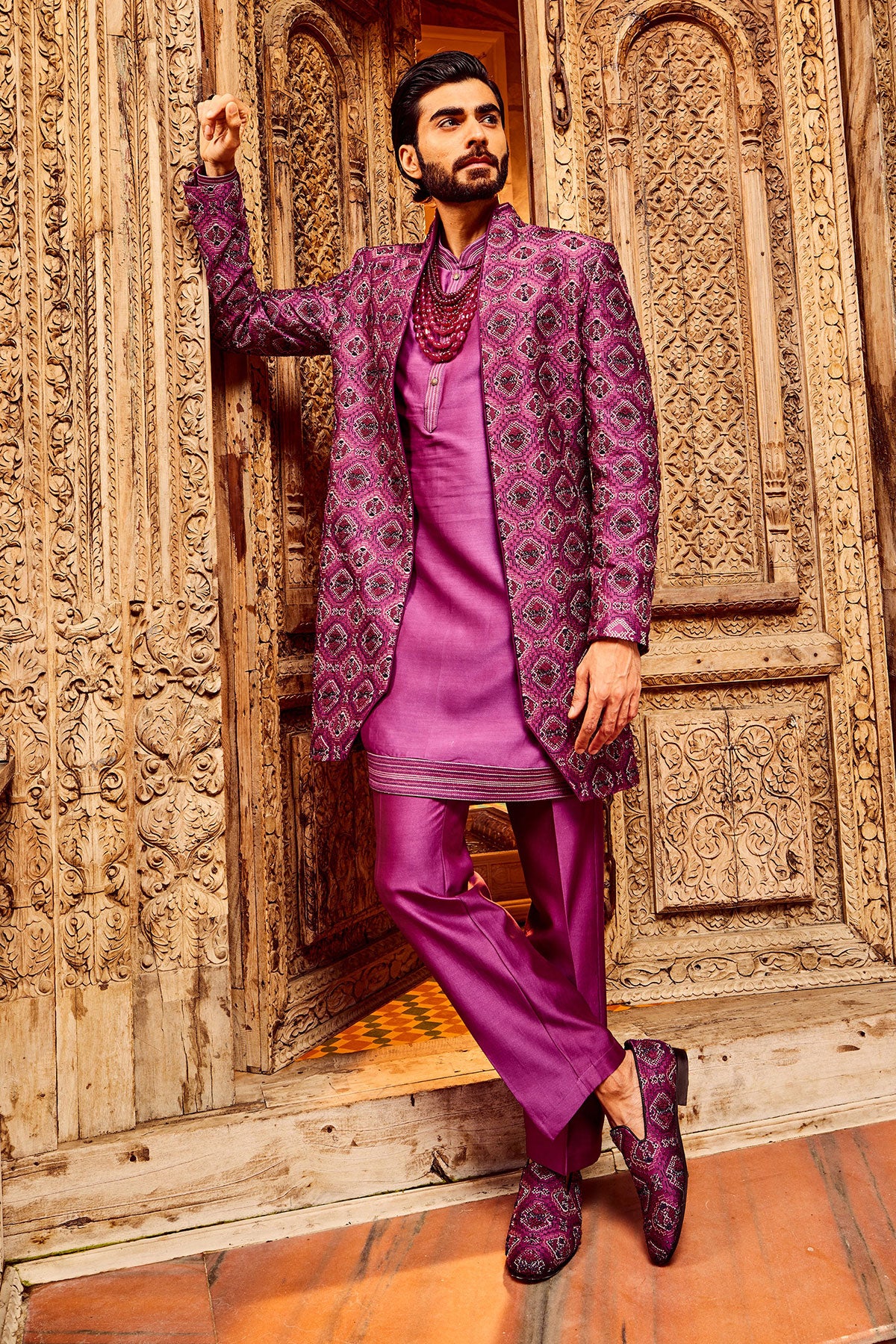 Purple Chanderi Silk Embroidered Open Indo-Western