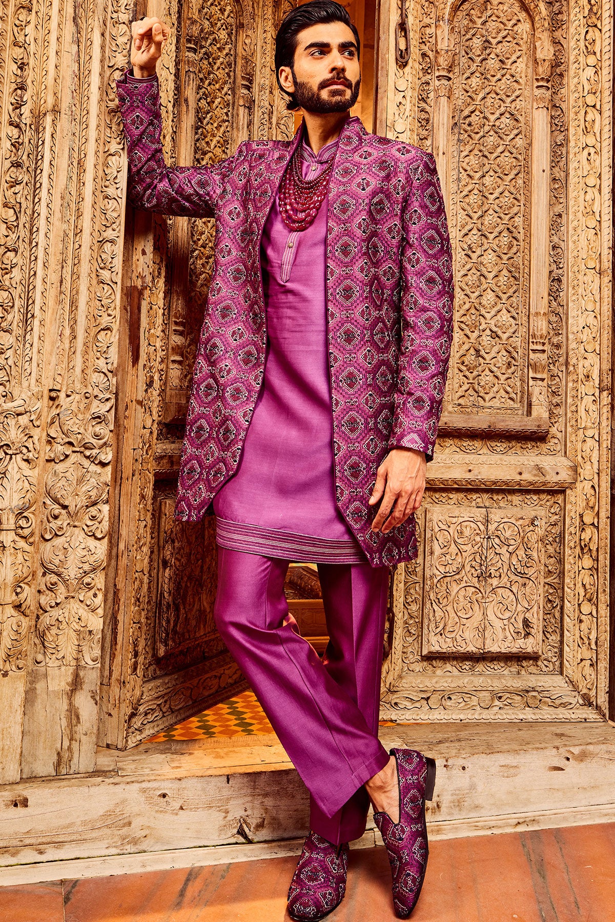 Purple Chanderi Silk Embroidered Open Indo-Western