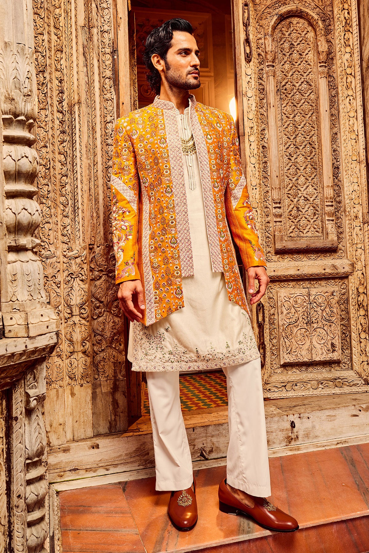 Orange Open Raw Silk Embroidered Indo-Western