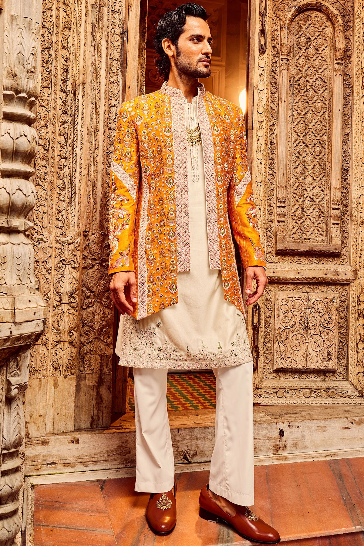 Orange Open Raw Silk Embroidered Indo-Western