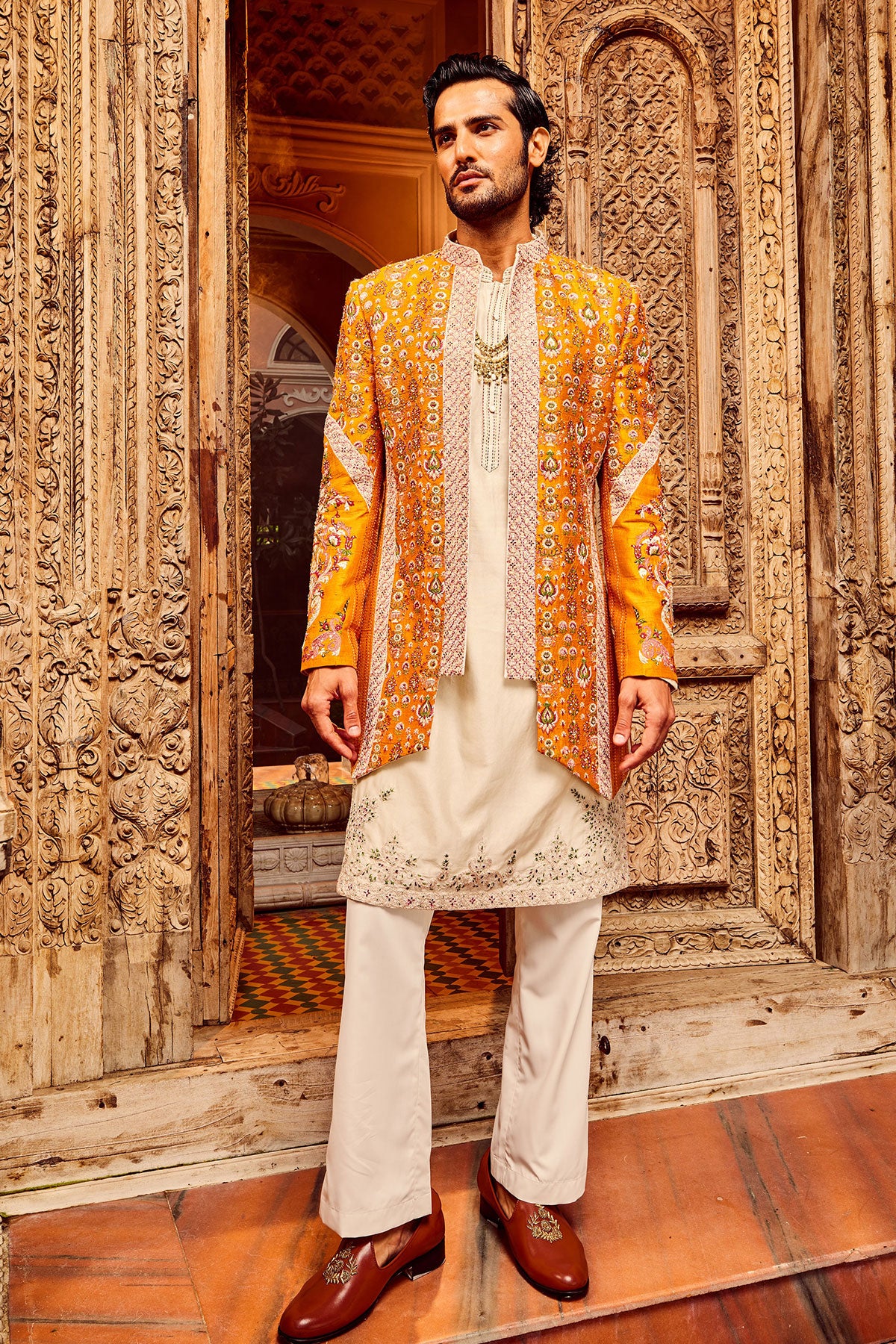 Orange Open Raw Silk Embroidered Indo-Western