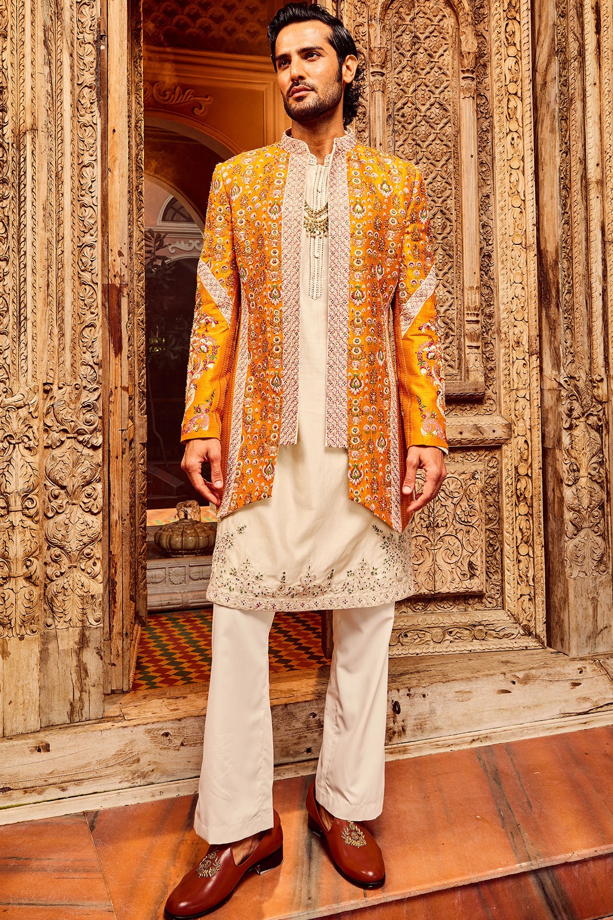 Orange Open Raw Silk Embroidered Indo-Western