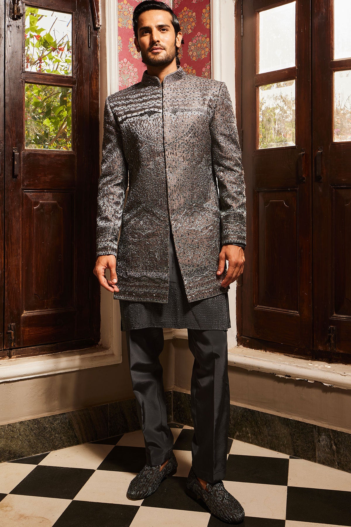 Charcoal Grey Raw Silk Embroidered Indo-Western Set