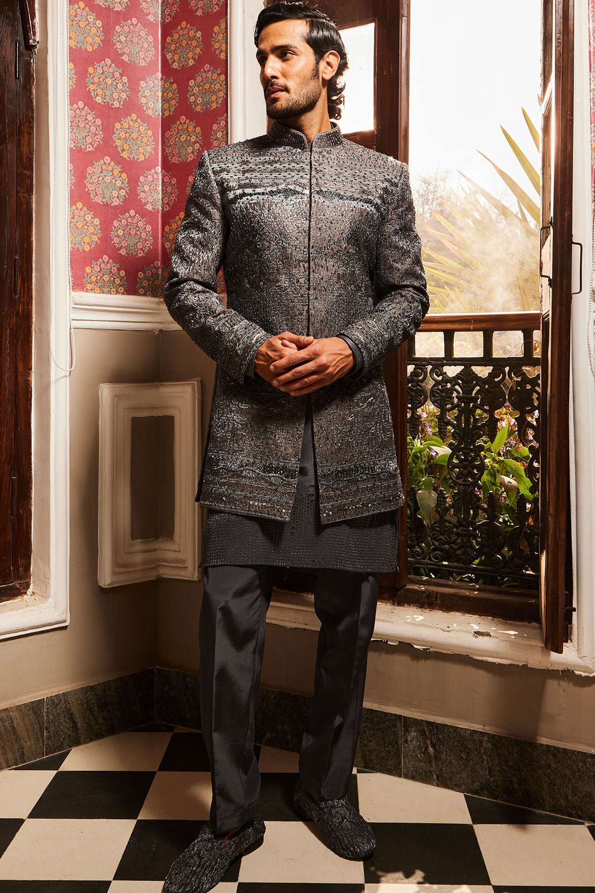 Charcoal Grey Raw Silk Embroidered Indo-Western Set