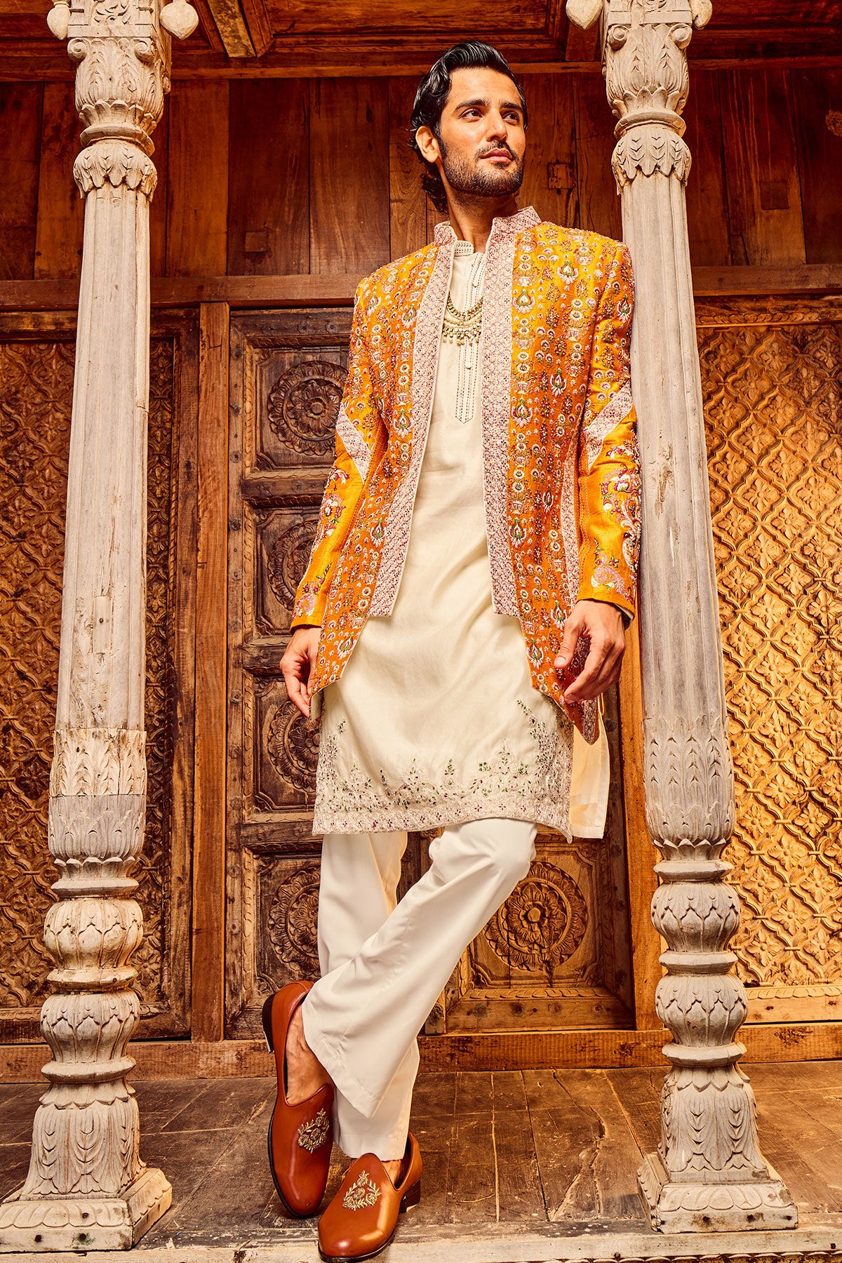 Orange Open Raw Silk Embroidered Indo-Western