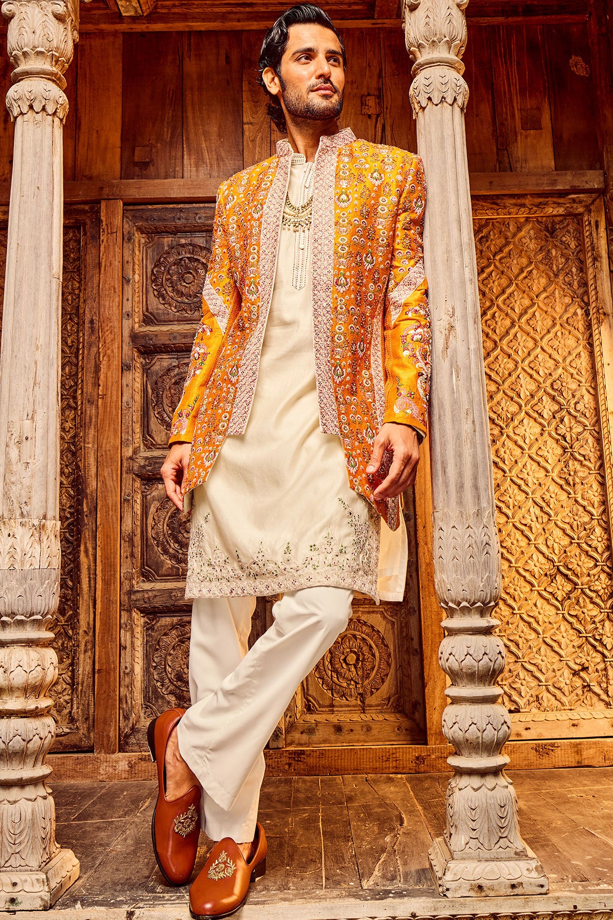 Orange Open Raw Silk Embroidered Indo-Western