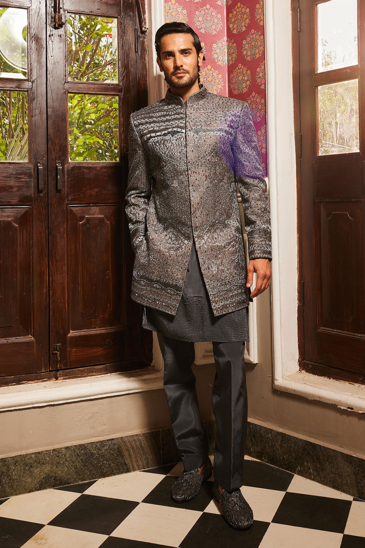 Charcoal Grey Raw Silk Embroidered Indo-Western Set