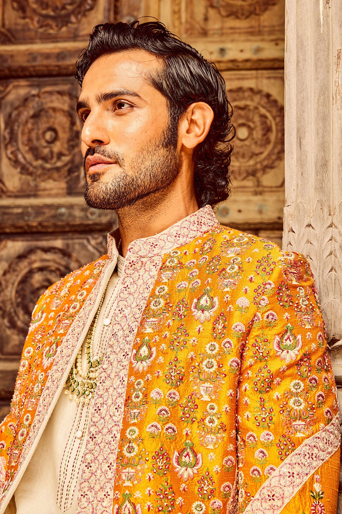 Orange Open Raw Silk Embroidered Indo-Western