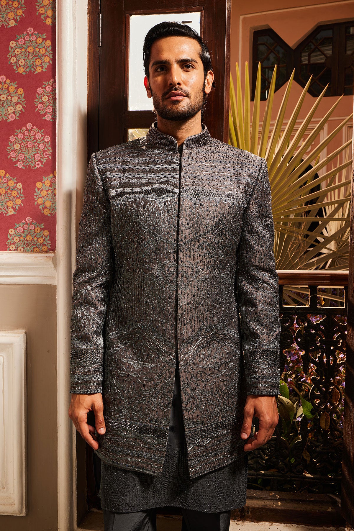 Charcoal Grey Raw Silk Embroidered Indo-Western Set