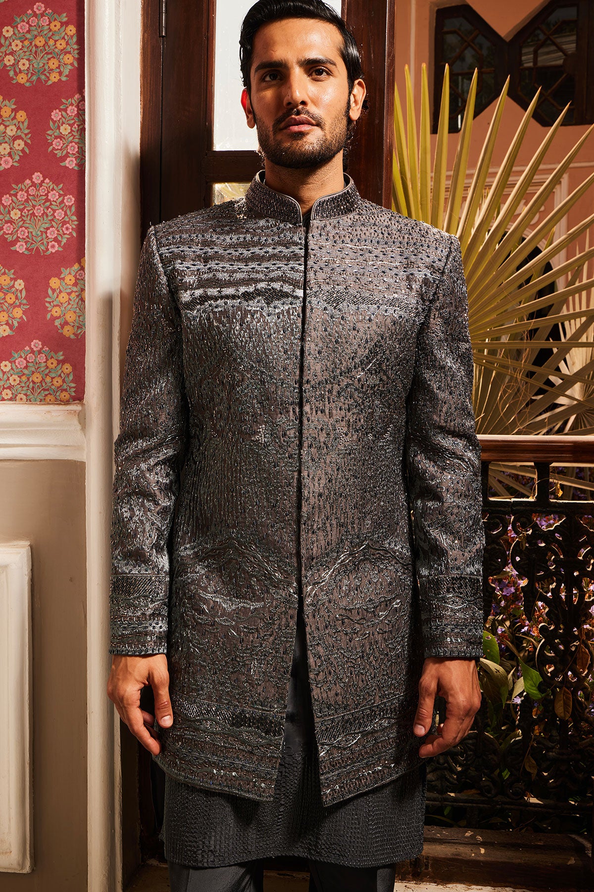 Charcoal Grey Raw Silk Embroidered Indo-Western Set
