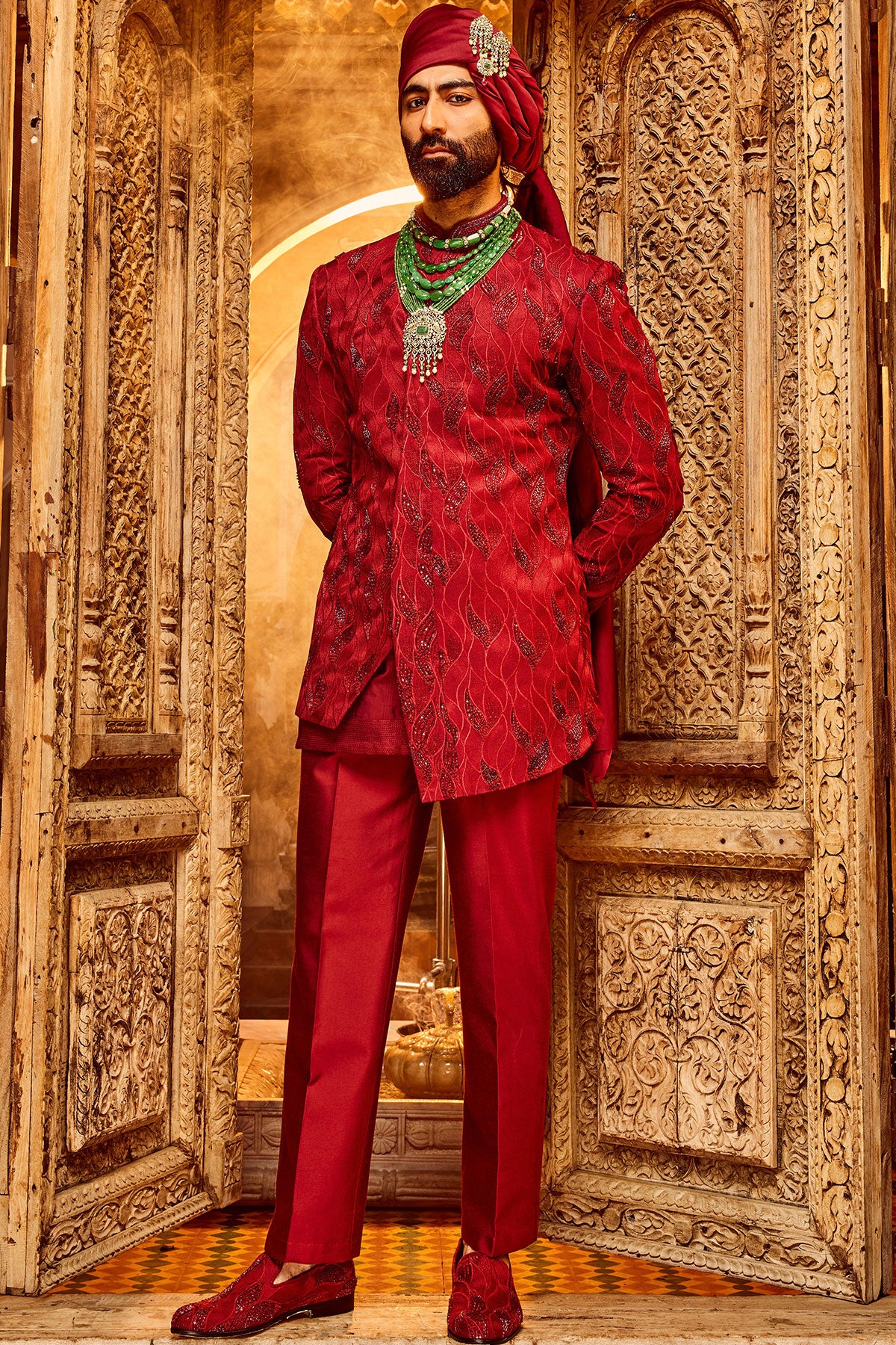 Deep Red Chanderi Silk Asymmetrical Sherwani